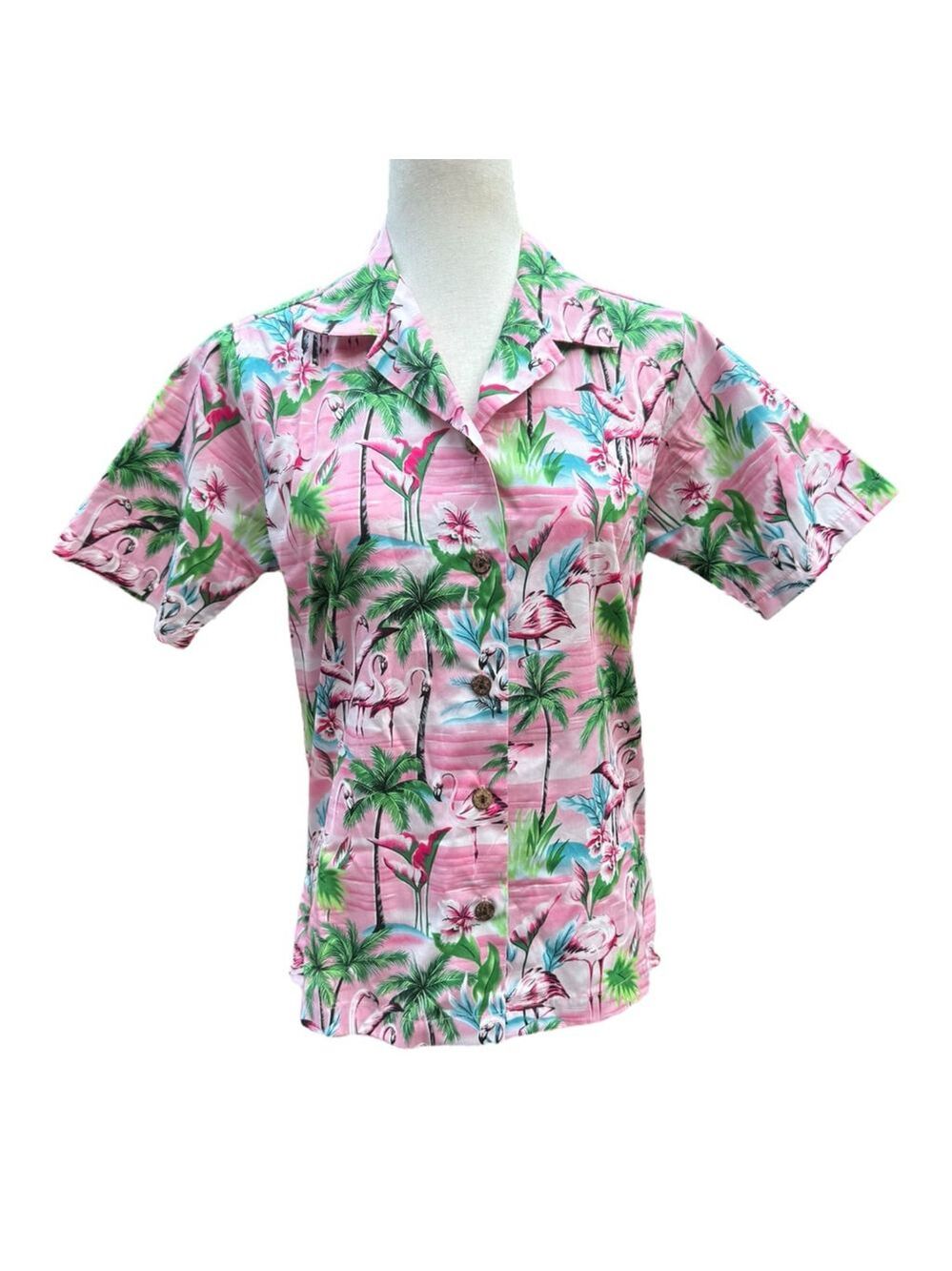 Benny’s Pink Flamingo Hawaiian Shirt XS Tropical Button Up Luau Aloha Top Womans
